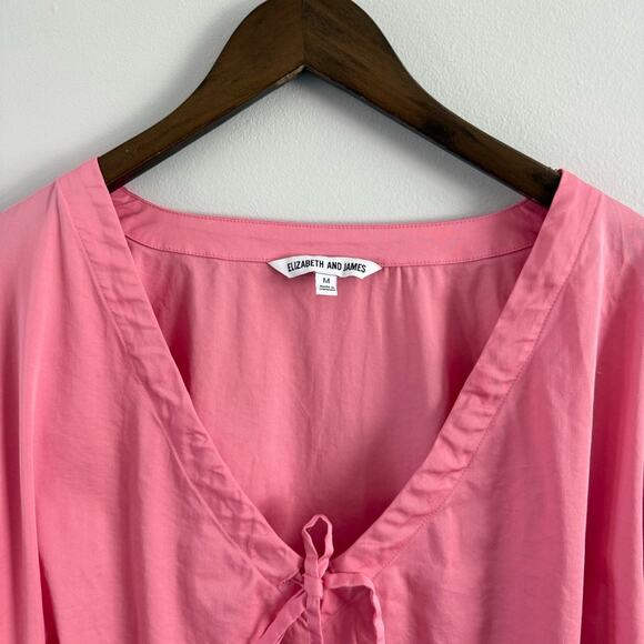Elizabeth & James | Women’s Pink Tie Neck V-Neck Puff Sleeve Blouse Top Spring M - Picture 7 of 9